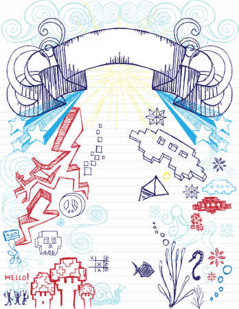 Notebook Doodles. Hand drawn notebook doodles on lined paper. All elements are separate so it's easy to edit! のイラスト素材