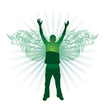 Silhouette of person with floral wings. All elements separate. のイラスト素材