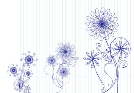 Selection of hand drawn flowers on lined paper. All elements on separate layers, easily edited.のイラスト素材