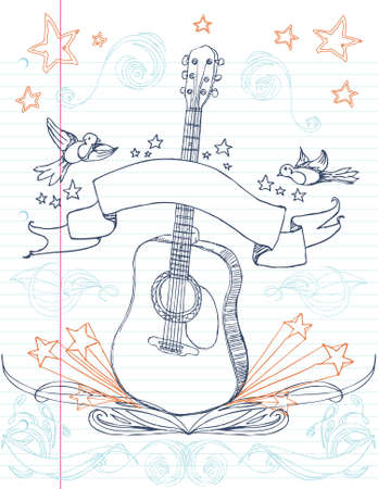 Hand drawn guitar and designs on lined paper. All elements on separate layers, easily edited. のイラスト素材