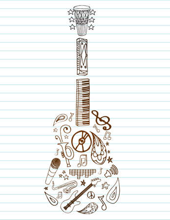 Selection of hand drawn music doodles make up this guitar, on lined paper with room for text. のイラスト素材