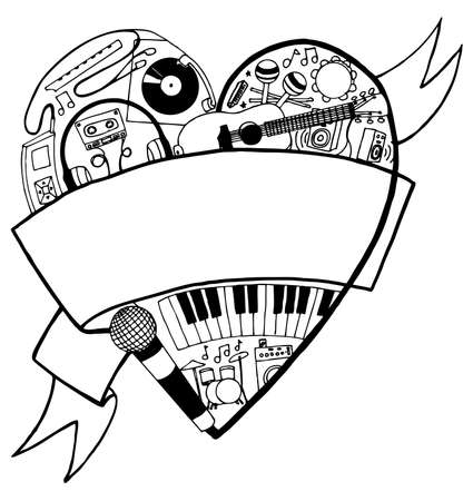 Hand drawn heart full of music images with large banner for your text. のイラスト素材