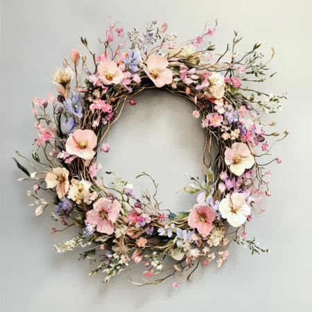 The homemade wreath of roses on white wooden table flat lay. With copy spaceの写真素材
