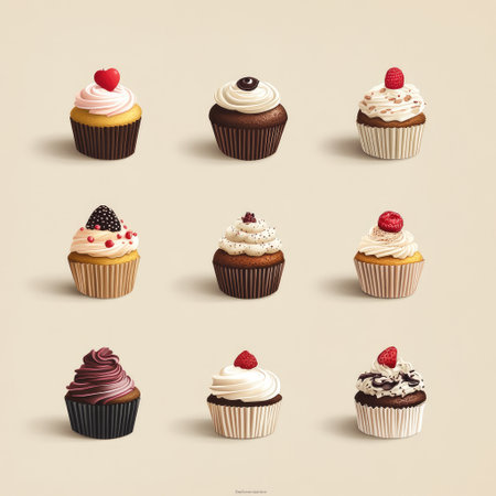 Illustration of 9 different colorful sweet cupcakesの写真素材