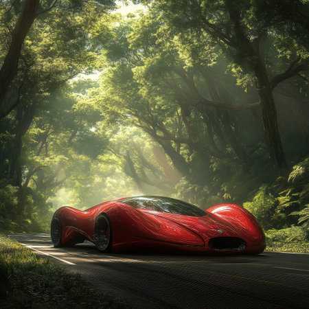 car of the future, red car in the forestの写真素材