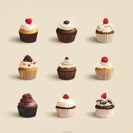 Illustration of 9 different colorful sweet cupcakes