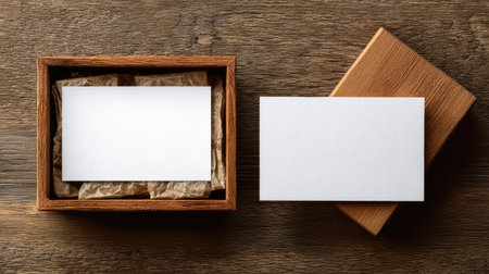 Blank white business cards on a wooden background. Mockup for a corporate identity. Portfolio template for graphic designers.の写真素材