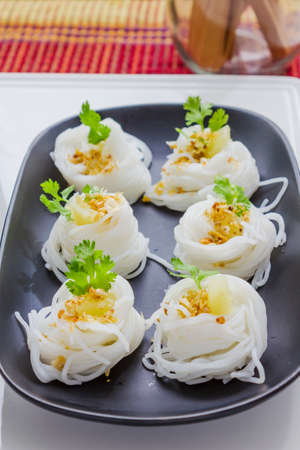 thai white noodle on the dish in the tabel.thai noodle is thai foodの写真素材