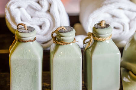 Hotel amenities kit on wooden tray. Thailandの写真素材