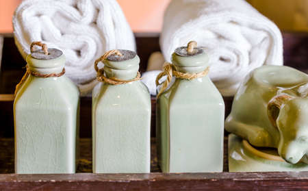 Hotel amenities kit on wooden tray. Thailandの写真素材