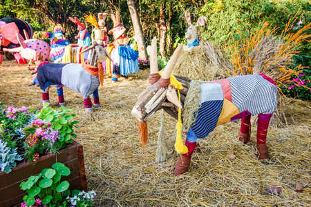 Colou handmade wooden mountain goat in gardenの写真素材