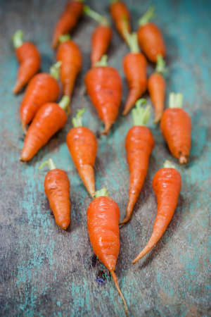 Fresh organic baby carrots on wooden backgroundの写真素材