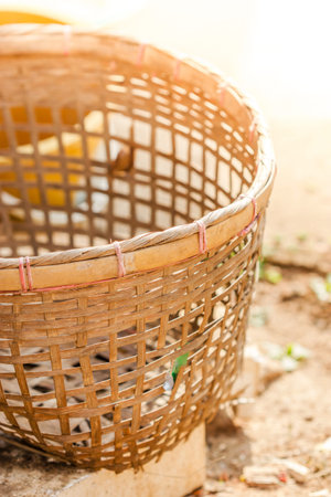 handmade wooden basket with bamboo, Thai weaveの写真素材