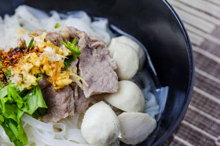 Asian style beef noodles in soup, Beef noodle with meatballsの写真素材