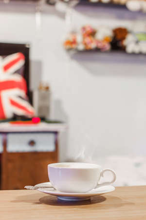 closeup of a cup of coffee at coffee shopの写真素材