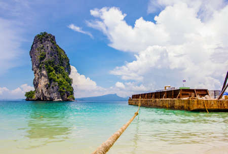 Long-tail Taxi boat on the beautiful beach, Poda island krabi,South Thailandの写真素材