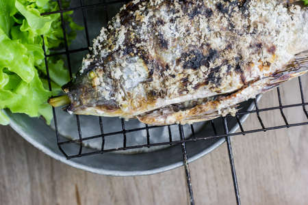 Salt crusted grilled nile tilapia fish on grateの写真素材