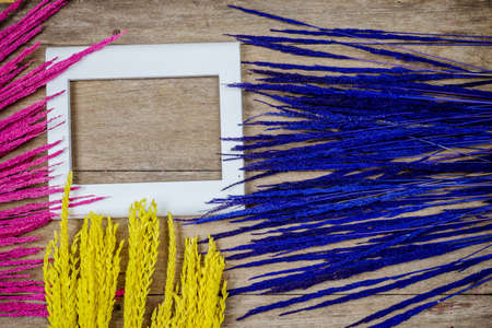 Closeup colorful grass flowers on wooden backgroundの写真素材