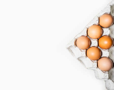 Top view of brown chicken eggs on white background.の写真素材