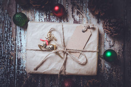 Christmas gift boxes  on wooden table. Top view.の写真素材