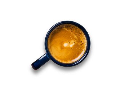 top view cup of coffee on white backgroundの写真素材