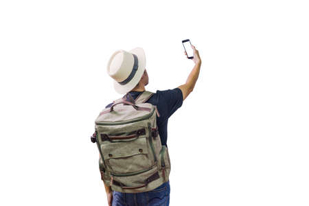 Asian man traveling backpacker on white backgroundの写真素材