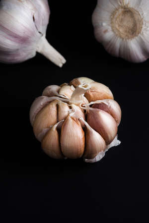 Close up of garlic bulb on black backgroundの写真素材