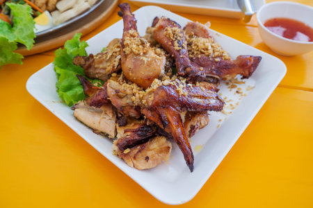 Grilled chicken with chili sauce. Thai traditional menu