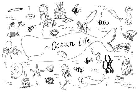 Hand drawn vector set with ocean life. Cartoon cute marine inhabitants in doodle style, sea food.のイラスト素材