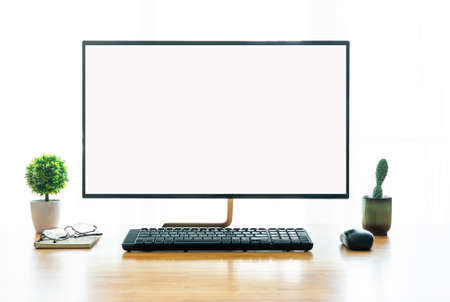 Work place concept : Mock up Blank screen computer desktopの写真素材