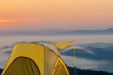 Yellow tent at View point at Doi Sa-Ngo, Chiang Sean, Chiang Rai Province, Thailand.の写真素材