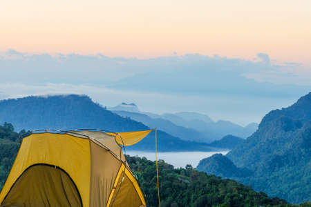 Yellow tent at Doi Ang Khang, Ang Khang mountain, Chiang mai, Thailand.の写真素材