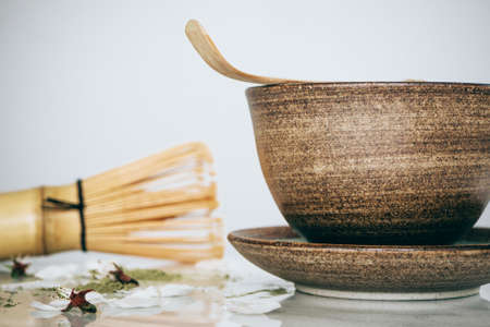 green tea matcha in a bowl on tableの写真素材