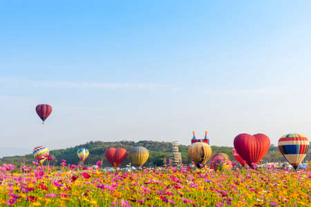 Colourful hot air balloons flying at  Singh Park in Chiang Rai, Thailand.の写真素材