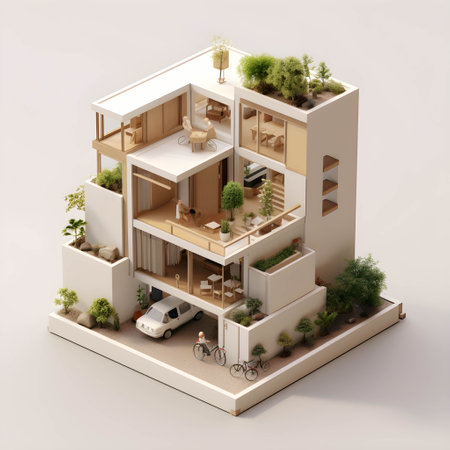 3d model of private house with different rooms and materials. Concept of architecture and design. 3d rendering with generative Ai.の素材