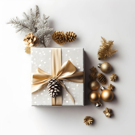 An arrangement of of gold and silver Christmas decorations Gift box on white background. Flat lay. Copy space. with generative Ai.の素材