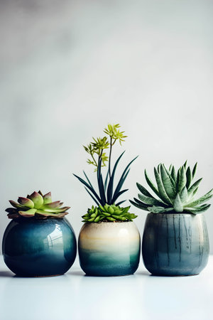 ceramic containers with succulents on the table, with generative Ai.の素材