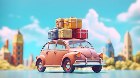 Small retro car with baggage and luggage on the roof, fully packed, ready for summer. Generative Ai.の素材