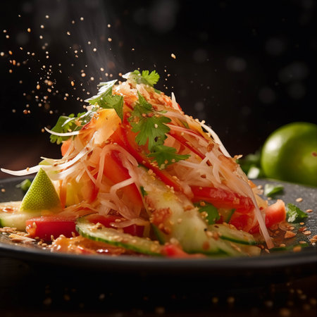 Somtum or papaya salad in Thai on wooden table .green papaya salad in plate on dark wooden background.Thai Food Concept. Generative Ai.の素材