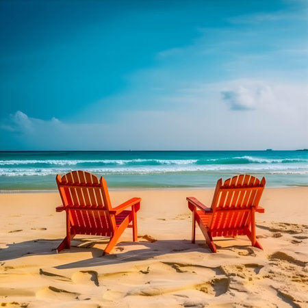 Relax chair Empty sea wave sand sun tropical beach background. Generative Ai.の素材