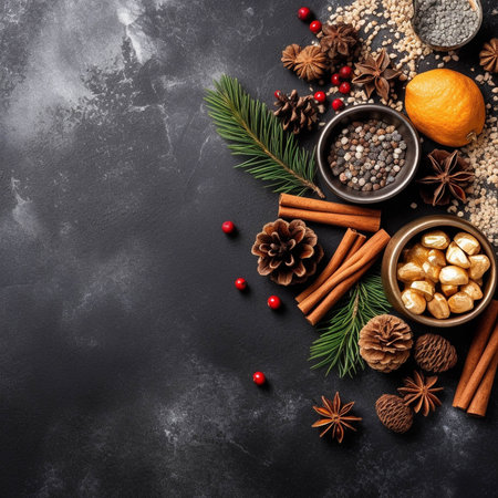 Christmas background with copy space and festive decorations on dark grunge background. Generative Ai.の素材