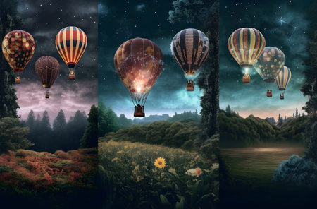 hot air balloons flying on sky in fantasy with generative Ai.の素材