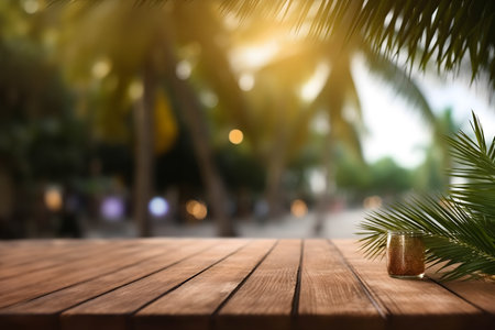 Summer background of beach and free space for your decoration. Wooden table background and summer time. Generative Ai.の素材