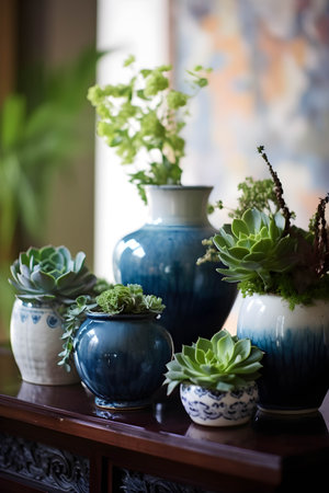 ceramic containers with succulents on the table, with generative Ai.の素材