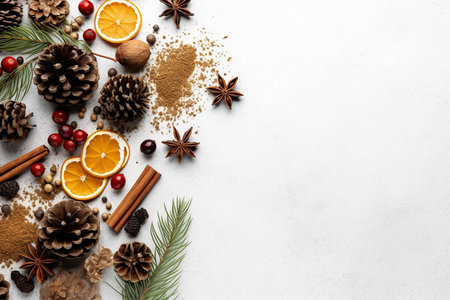 Christmas tree with cones, Christmas decorations on a white background.  copy space top view. generative ai.の素材