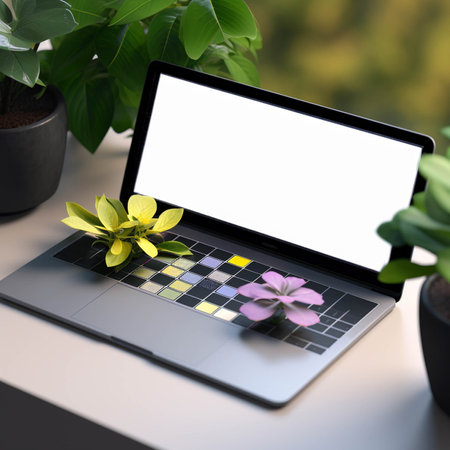 Laptop with a white blank screen laying on a table in the garden.generative ai.の素材