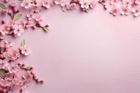 pink flowers in flatlay on pink background with copy space, top view. generative ai.の素材