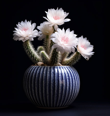 Cactus in a plant pot against a dark black background. generative ai.の素材