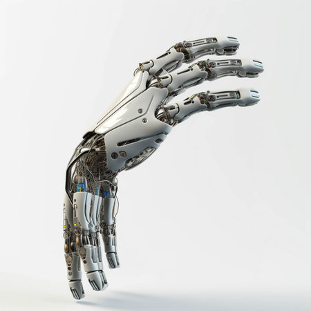 Futuristic design gesture concept. A robotic mechanical arm looks ike a human hand. Cybernetic organism. generative ai.の素材