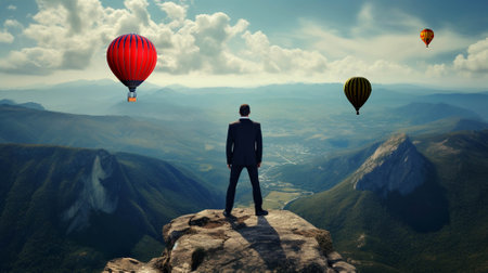 Business man standing on the top of the mountain looking at the valley. Business success concept. generative aiの素材